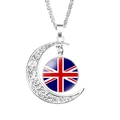 Silver crescent moon necklace featuring a British Union Jack flag glass cabochon - United Kingdom