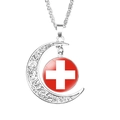 Vintage silver crescent moon necklace featuring Switzerland flag glass dome pendant - Swiss