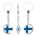 Rotating metal keychain with Finland flag glass gem pendant showing front and back views - Finland