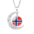 Silver crescent moon necklace featuring a glass dome pendant with Norway flag design - Norway
