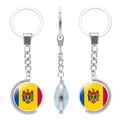 Rotating keychain with Moldova flag pattern in silver metal finish, 3-view display - Moldova
