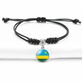 Adjustable black braided bracelet with Rwanda flag glass gem in a silver-toned setting - Rwanda