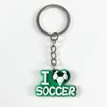 Green PVC soccer keychain featuring embossed I Love Soccer text on a white background - I Love Soccer Relief Style (YSK255-02)
