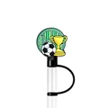 Soccer ball and gold trophy themed silicone straw topper with green striped base and black ring - Soccer & Trophy Style(XGM323-09)