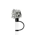 Black and white soccer ball silicone straw cover cap with 10mm dust protection loop - B/W Geometric Grid Style(XGM162-15)