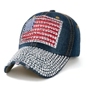 Berretto in denim con bandiera USA in strass e dettagli usurati sulla visiera - Regolabile / Blu Scuro Strass a Mezza Tesa Bandiera Americana