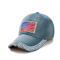 Berretto da baseball in denim invecchiato con bandiera americana in strass e tesa decorata - Regolabile / Blu Scuro Tre File di Strass Bandiera Americana (Colore 2)