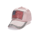 Berretto da baseball in raso rosa con bandiera USA in strass e tesa decorata per il sole - Regolabile / Rosa