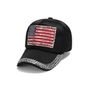 Cappellino da baseball in raso nero con bandiera USA ricamata e strass argentati - Regolabile / Nero