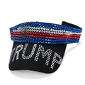 Detail of black sun visor featuring US flag rhinestones and silver Trump lettering - Black Initials Style