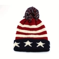 Winter knitted beanie with USA flag stripes stars and pompom for men and women - USA Flag Red White Stripes Style (MZ150)