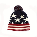 Winter knitted beanie with US flag stars and stripes pattern and colorful pompom - USA Flag Stars Navy Blue Style (MZ150)