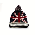 Knitted pom-pom beanie featuring a classic British Union Jack flag pattern for winter - UK Flag