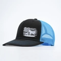 Detalle de gorra trucker con malla azul y bordado de toro con bandera de EE. UU. - Ajustable / Azul