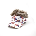 Visor hat with USA flag print and funny mixed brown synthetic hair wig on top - Adjustable / White (Brown Wig)