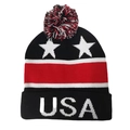 Winter knit beanie featuring USA flag patterns and stars with a mixed-color pom-pom top - Black Base US Flag Style (Style-1)
