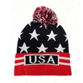 Winter knit beanie with USA flag patterns, pom-pom top, and warm thick star jacquard design - Jacquard Stars Stripes Style (Style-3)