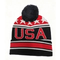 Winter USA flag knit beanie with red stars, USA text, stripes and black pom-pom - Red Ear Protection Pom Pom Style (Style-4)