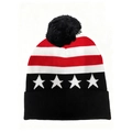 Detailed knit texture of a USA flag pom-pom beanie with star patterns and stripes - Black White Stars Stripes Style (Style-5)