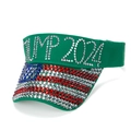 Green visor hat with Trump 2024 rhinestone text and American flag patterned brim - 2024 Green Slogan Style