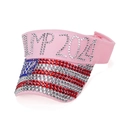 Pink sun visor hat with Trump 2024 rhinestone logo and US flag sequin pattern on brim - 2024 Pink Slogan Style