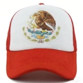 Reversible red and white trucker hat featuring a Mexico eagle crest and mesh back - Red White Colorblock Trucker Hat Mexico Eagle Snake Design Style