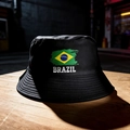 Reversible black bucket hat with Brazil flag and text on a premium wood texture background - Black Brazil Flag and Letter Style (BRAZIL)