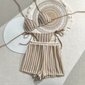 Three-piece striped crochet bikini set with halter top and high-waisted shorts detail - Brown