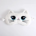 White plush cat sleeping eye mask with blue eyes embroidery and elastic silk strap - White