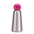 Sleek silver stainless steel bottle with a vibrant pink spherical screw cap on white background - Rose Red & Silver