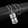 Detailed close-up of a silver gothic cross pendant with a red gemstone on a box chain - A-160