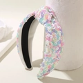 Close-up of knotted headband with colorful sequins on white fabric base - 3# Knot White