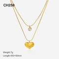 Double-layered gold stainless steel necklace with round crystal and polished heart pendant - 450+50mm / Double Layer Heart Necklace