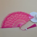 Elegant rose red lace folding fan with gold embossed ribs and matching silk tassel - Rose Red Lace Fan - With Tassel