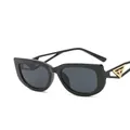 Vintage small frame sunglasses in glossy black with gold triangle temple detail - Glossy Black/Grey Lens