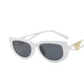 Modern white sunglasses with dark grey lenses and golden triangle temple detail - Solid White Frame Gray Lens