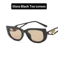 Trendsetting sunglasses with bright black frames, tea lenses, and gold triangle logo - Glossy Black / Tea Lenses