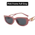 Pink cat-eye sunglasses with dark grey lenses and gold triangle detail on temples - Pink Frame Gray Lens