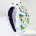 St. Patrick's Day white knotted headband with green clover and rhinestones - White