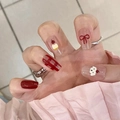 Short red gradient press-on nails with plaid patterns, bows, and cherry nail art - R837 Puppy Pudding / Nail Glue Version