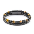 Detail of tiger eye beads and black braided leather bracelet with magnetic metal clasp - Yellow Tiger Eye + Black Glossy Beads