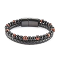 Detail of tiger eye beads and braided leather cord with black magnetic clasp - Red Tiger Eye + Black Glossy Beads