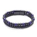 Detail of tiger eye beads and braided leather cord with black magnetic clasp - Lapis Lazuli + Black Glossy Beads