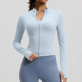 Slim fit light blue yoga jacket with thumbholes and high-waist dark blue leggings - S / Ice Melt Blue (New)