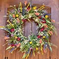 Colorful artificial wildflower wreath with lavender and daisies on rustic brown wooden door - 35CM (Plastic Circle)
