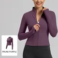 Slim fit purple plum yoga jacket with stand collar and functional zip-up design - S / Tops / Purple Plum