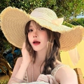 Beige wide-brimmed straw sun hat with frayed edges and matching ribbon bow for summer - D-512 Beige Straw Hat With Large Bow / M (56-58cm)