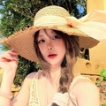 Women's woven straw sun hat with oversized cream chiffon ribbon and elegant side bow - D-512 Khaki Straw Hat With Large Bow / M (56-58cm)