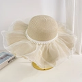 Beige straw beach hat with white organza brim and pearl beads for summer sun protection - Beige Pearl Lace