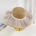 Elegant straw sun hat with white organza ruffles and pearl trim decoration for beach - Khaki Pearl Lace